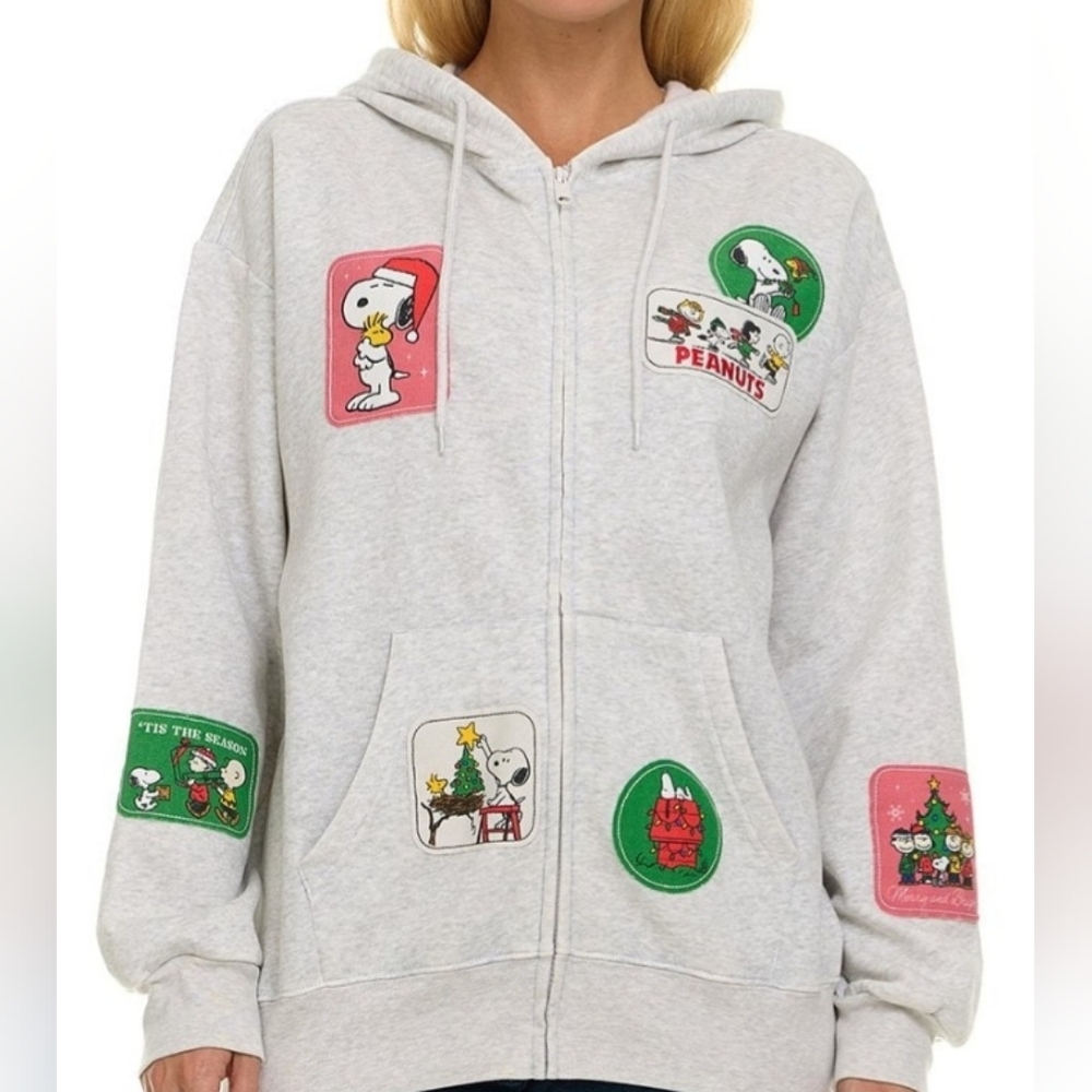 Peanuts Gray Zip Up XL Hoodie Jacket Snoopy Friends Christmas Patches Womens - Picture 6 of 7